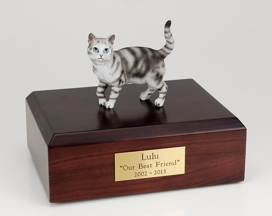 Cat, Tabby, Silver, Shorthair Standing - Figurine Urn - Click Image to Close